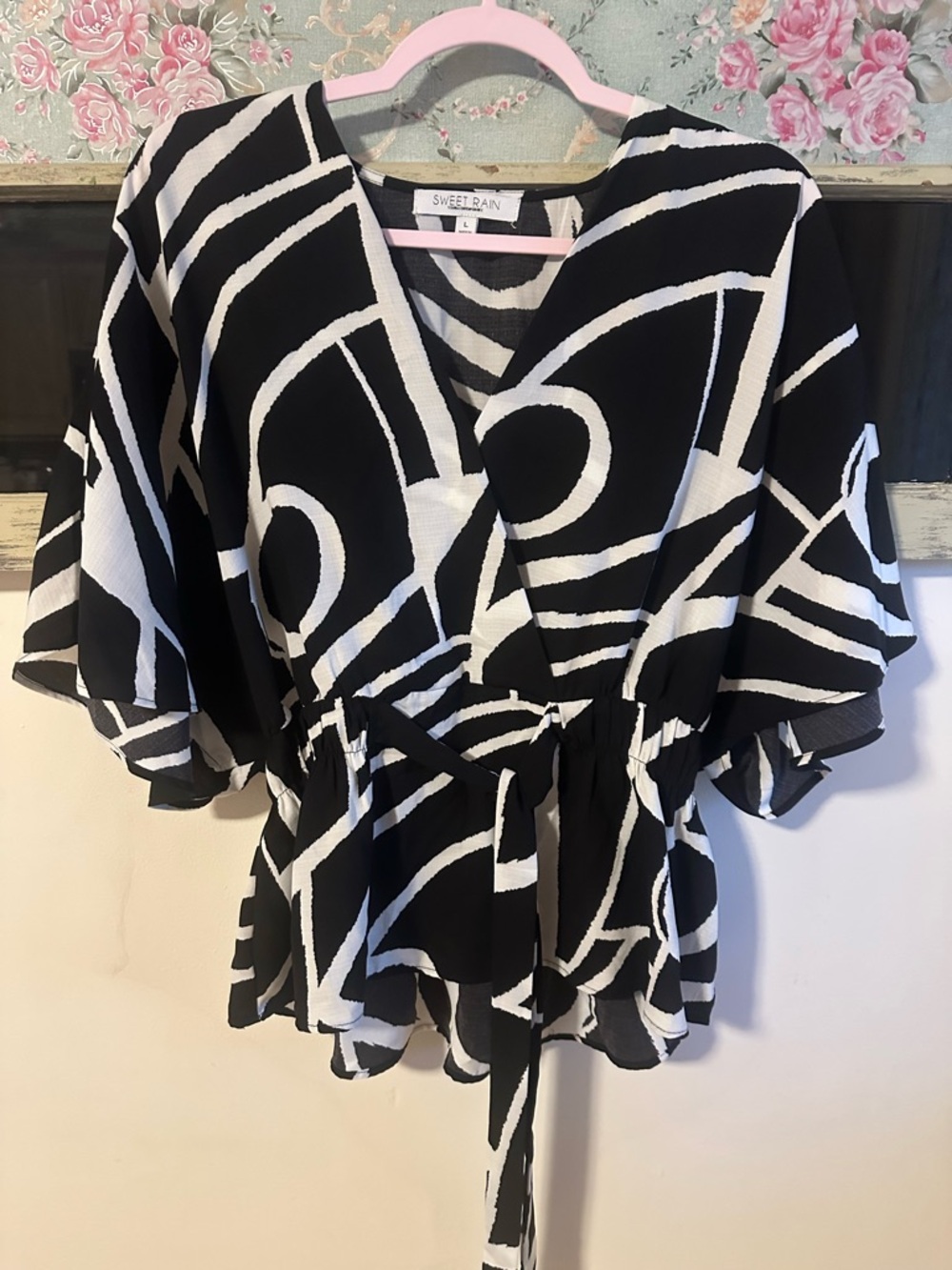 Sweet Rain Black & White Geometric Wrap Peplum Blouse